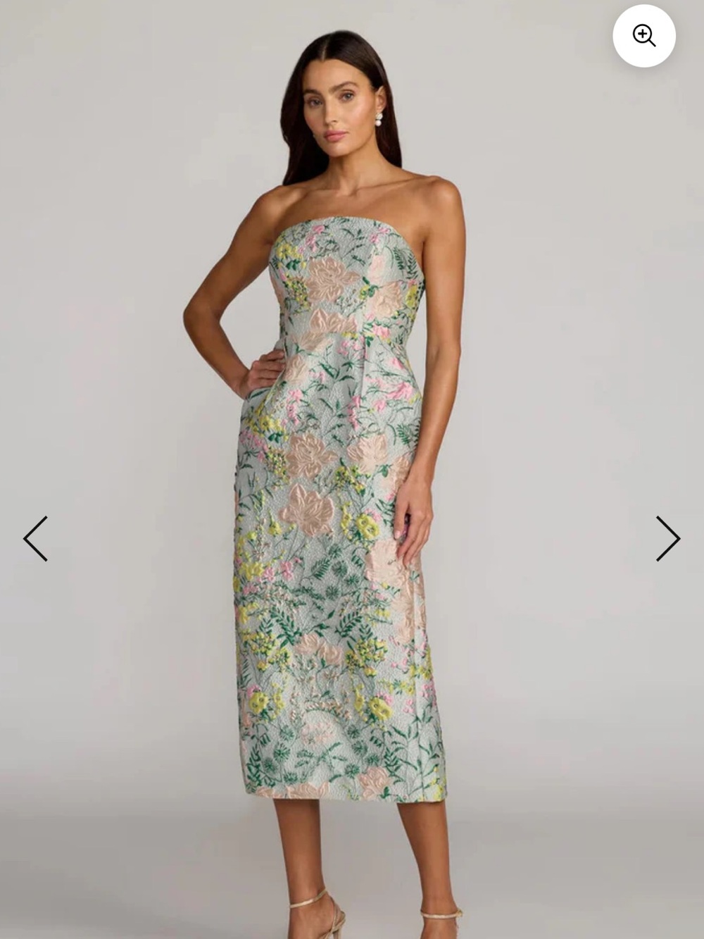 Mac Duggal Strapless Floral Brocade Midi Dress in Mint, Pink, Yellow